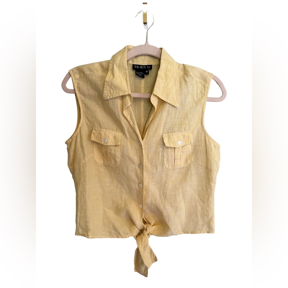 Tracy M sleeveless linen tie front blouse in yellow Size M